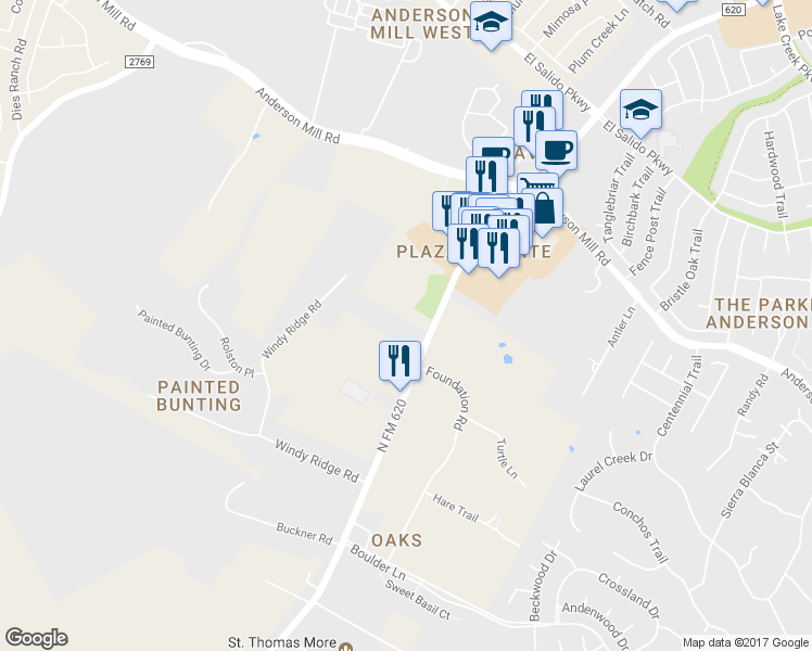map of restaurants, bars, coffee shops, grocery stores, and more near 11200 North Ranch to Market 620 in Austin