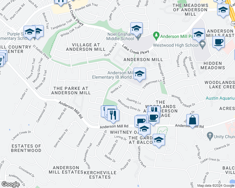 map of restaurants, bars, coffee shops, grocery stores, and more near 10705 Doering Lane in Austin