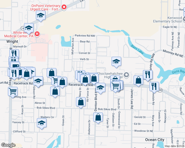 map of restaurants, bars, coffee shops, grocery stores, and more near 912 Denton Boulevard Northwest in Fort Walton Beach