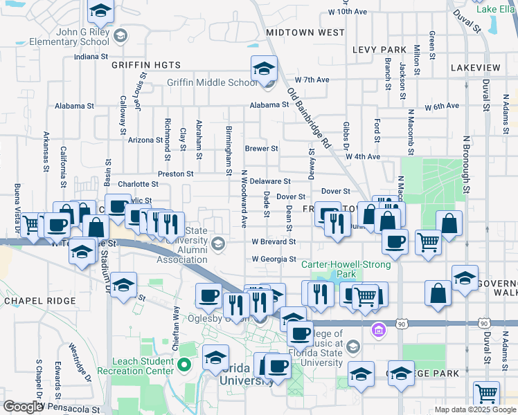 map of restaurants, bars, coffee shops, grocery stores, and more near 844 Dent Street in Tallahassee