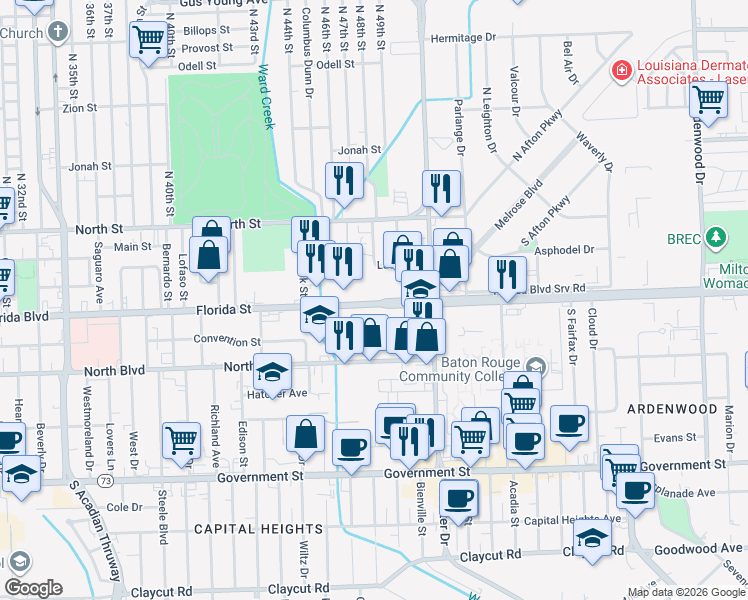 map of restaurants, bars, coffee shops, grocery stores, and more near 4743 Florida Boulevard in Baton Rouge