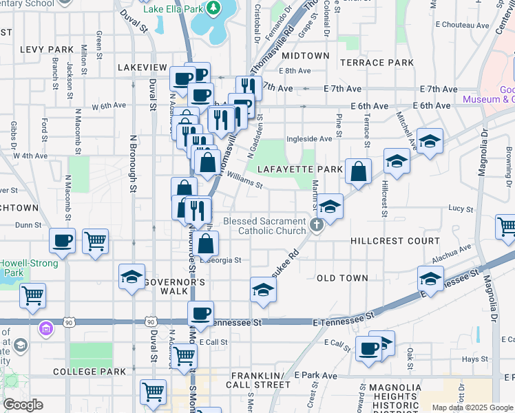 map of restaurants, bars, coffee shops, grocery stores, and more near 822 Cherry Street in Tallahassee