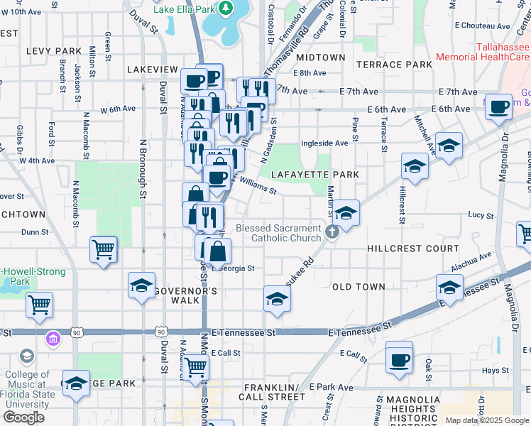 map of restaurants, bars, coffee shops, grocery stores, and more near 909 North Gadsden Street in Tallahassee