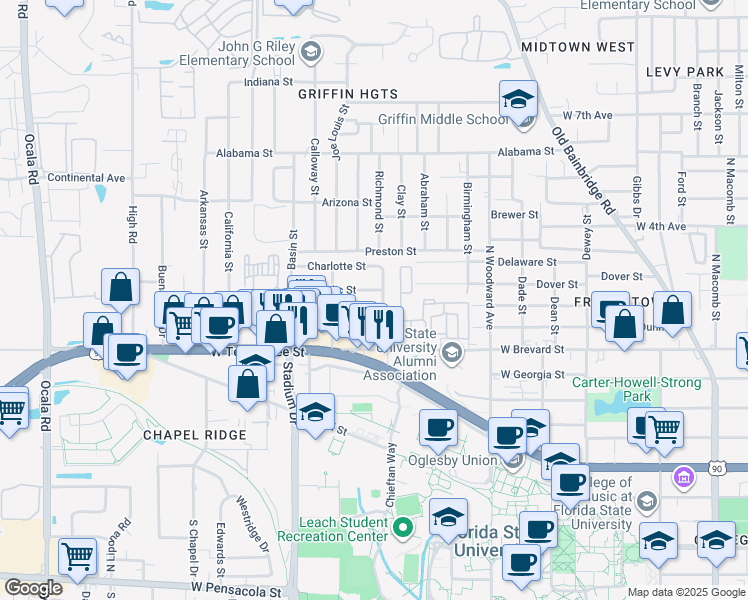map of restaurants, bars, coffee shops, grocery stores, and more near 1300 Nylic Street in Tallahassee