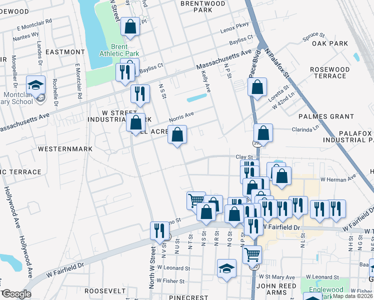 map of restaurants, bars, coffee shops, grocery stores, and more near 3528 North S Street in Pensacola