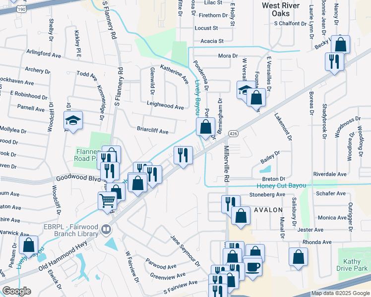 map of restaurants, bars, coffee shops, grocery stores, and more near 14333 Old Hammond Highway in Baton Rouge