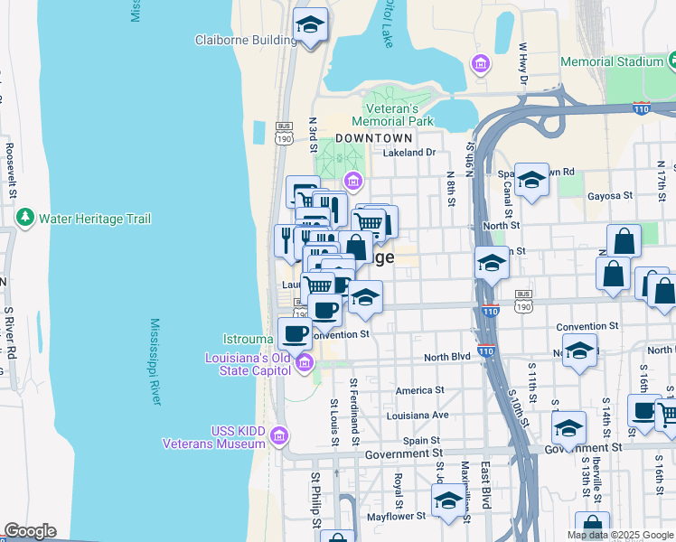 map of restaurants, bars, coffee shops, grocery stores, and more near 312 Main Street in Baton Rouge
