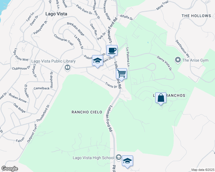 map of restaurants, bars, coffee shops, grocery stores, and more near 20105 Park Strip Street in Lago Vista