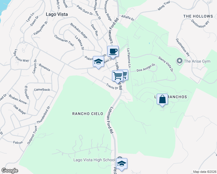 map of restaurants, bars, coffee shops, grocery stores, and more near 20105 Park Strip Street in Lago Vista