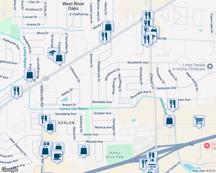 map of restaurants, bars, coffee shops, grocery stores, and more near 15145 Woodlore Drive in Baton Rouge