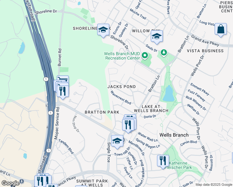 map of restaurants, bars, coffee shops, grocery stores, and more near 3213 Raging River Drive in Austin