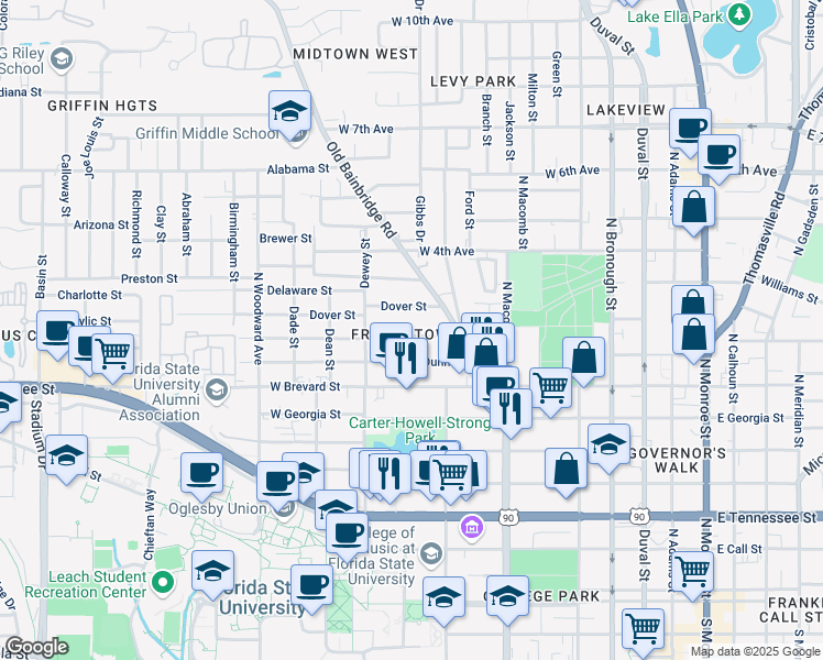 map of restaurants, bars, coffee shops, grocery stores, and more near 630 Dent Street in Tallahassee