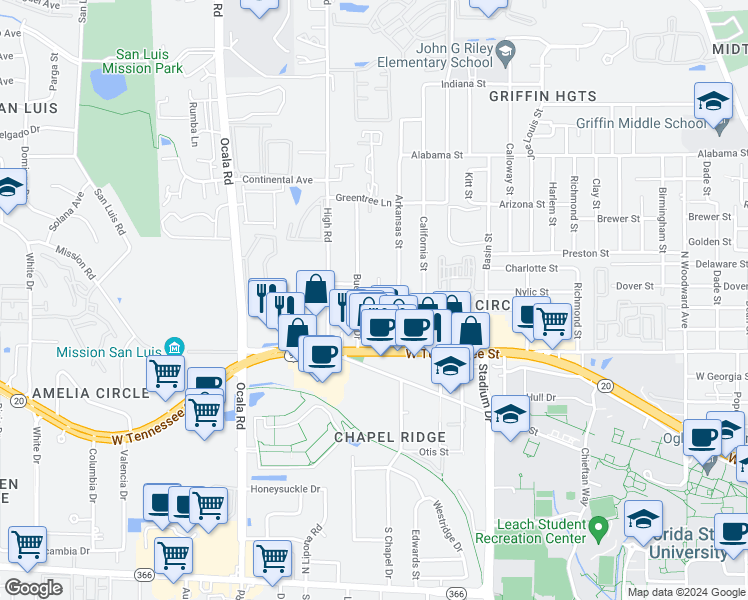 map of restaurants, bars, coffee shops, grocery stores, and more near 748 Gold Nugget Trail in Tallahassee
