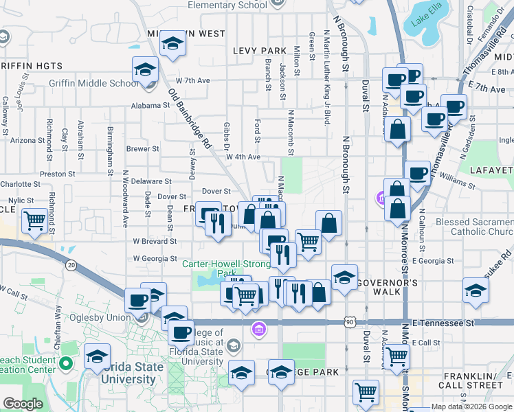 map of restaurants, bars, coffee shops, grocery stores, and more near 827 Central Street in Tallahassee