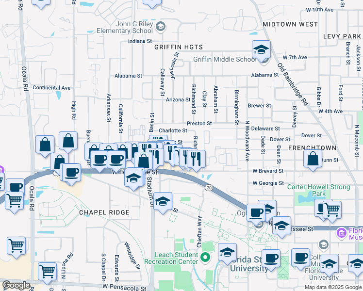map of restaurants, bars, coffee shops, grocery stores, and more near 1342 Nylic Street in Tallahassee