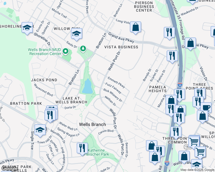 map of restaurants, bars, coffee shops, grocery stores, and more near 2306 Fuzz Fairway in Austin