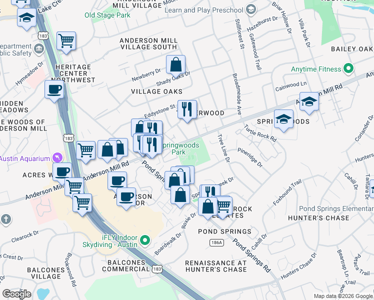 map of restaurants, bars, coffee shops, grocery stores, and more near 9129 Anderson Mill Road in Austin