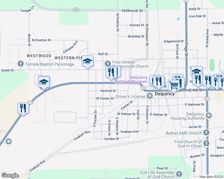 map of restaurants, bars, coffee shops, grocery stores, and more near 301-399 Herford Street in DeQuincy