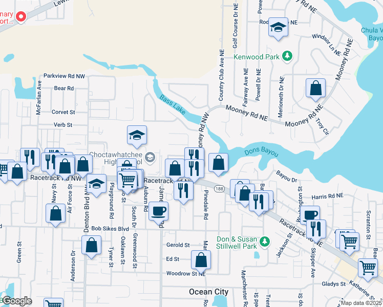 map of restaurants, bars, coffee shops, grocery stores, and more near 519 Mooney Road Northeast in Fort Walton Beach