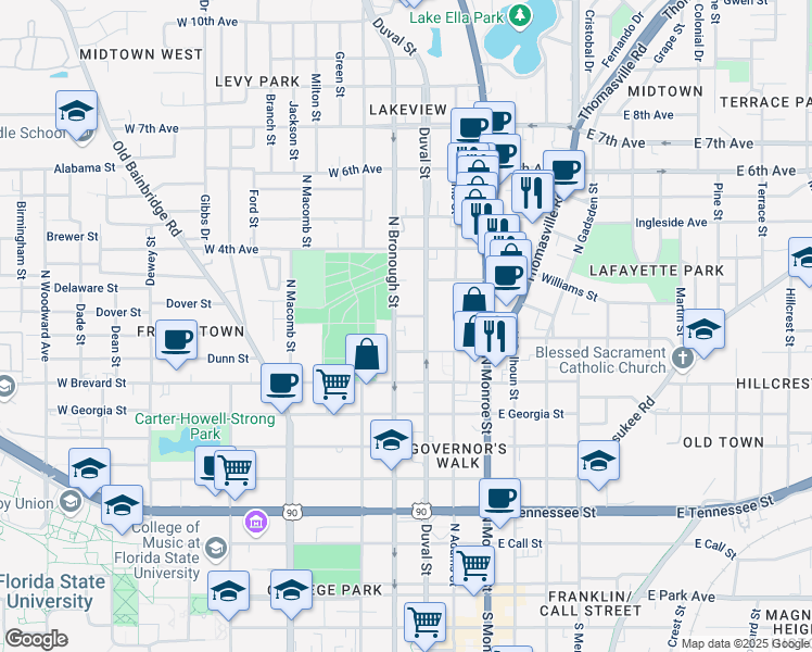map of restaurants, bars, coffee shops, grocery stores, and more near 902 North Duval Street in Tallahassee