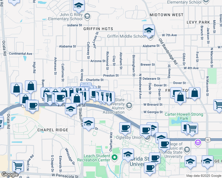 map of restaurants, bars, coffee shops, grocery stores, and more near 1300 Nylic Street in Tallahassee