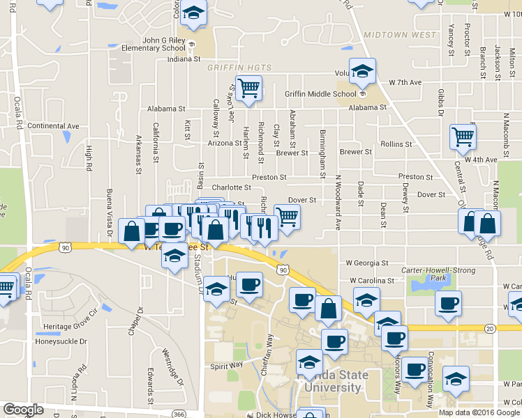 map of restaurants, bars, coffee shops, grocery stores, and more near 1300 Nylic Street in Tallahassee