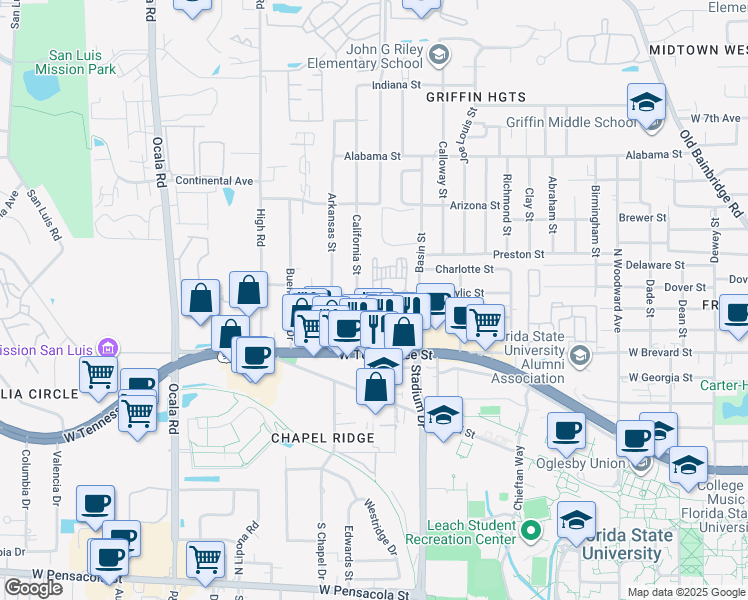 map of restaurants, bars, coffee shops, grocery stores, and more near 757 California Street in Tallahassee