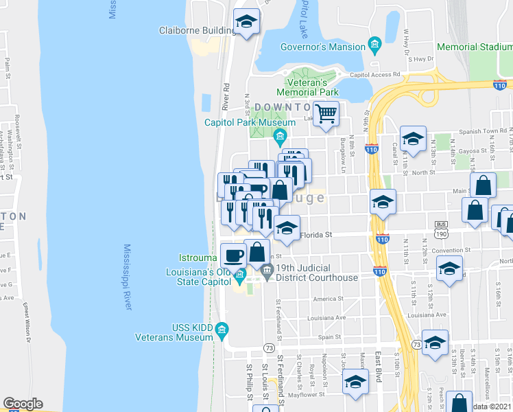 map of restaurants, bars, coffee shops, grocery stores, and more near 312 Main Street in Baton Rouge