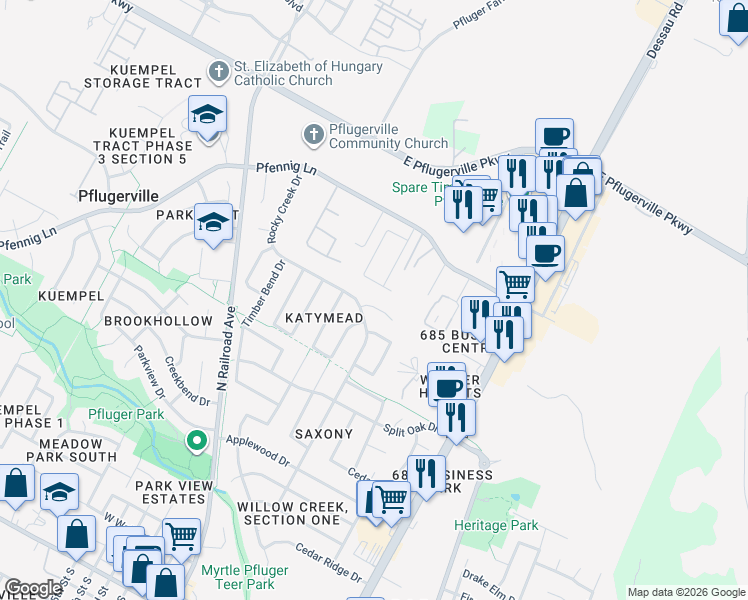 map of restaurants, bars, coffee shops, grocery stores, and more near 1503 Pfennig Lane in Pflugerville