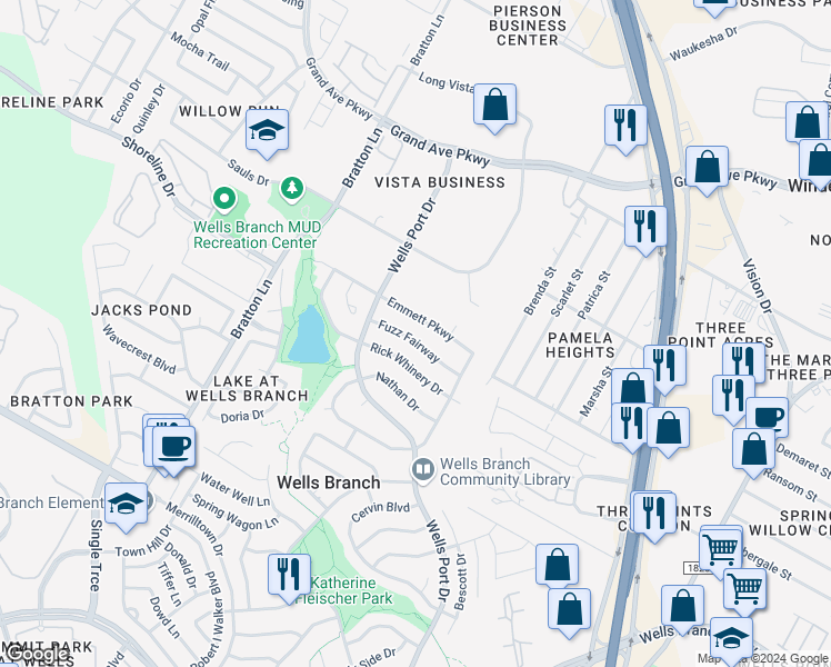 map of restaurants, bars, coffee shops, grocery stores, and more near 2208 Emmett Parkway in Austin
