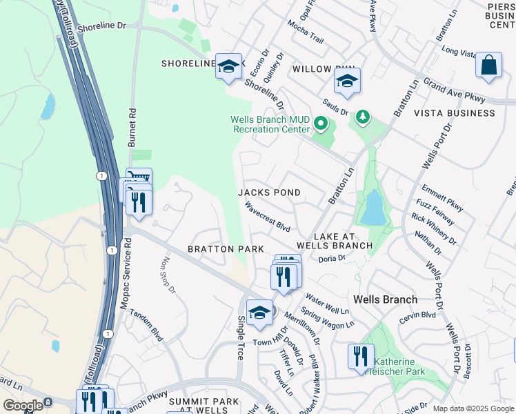 map of restaurants, bars, coffee shops, grocery stores, and more near 3213 Raging River Drive in Austin
