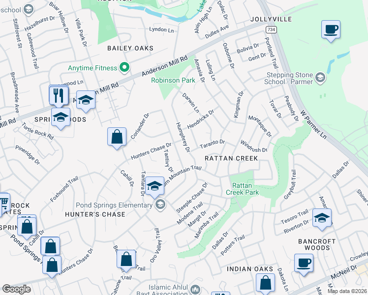 map of restaurants, bars, coffee shops, grocery stores, and more near 13122 Humphrey Drive in Austin