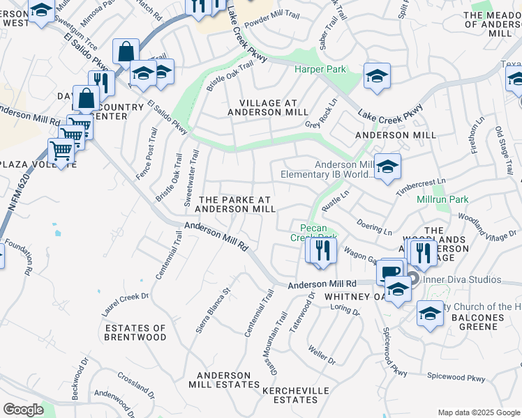 map of restaurants, bars, coffee shops, grocery stores, and more near 11030 Hard Rock Road in Austin