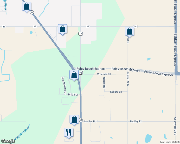 map of restaurants, bars, coffee shops, grocery stores, and more near Foley Beach Express in Foley