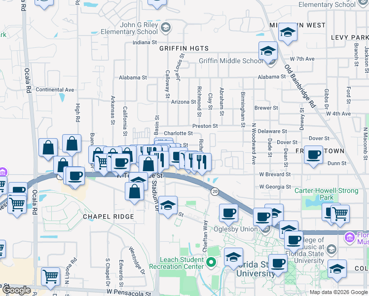 map of restaurants, bars, coffee shops, grocery stores, and more near 1342 Nylic Street in Tallahassee