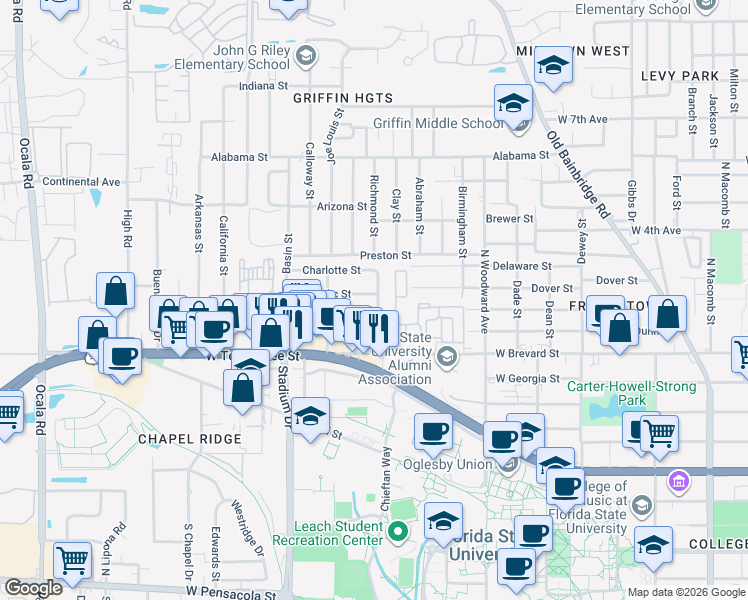 map of restaurants, bars, coffee shops, grocery stores, and more near 1300 Nylic Street in Tallahassee