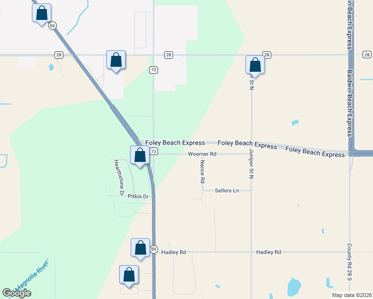 map of restaurants, bars, coffee shops, grocery stores, and more near Foley Beach Express in Foley
