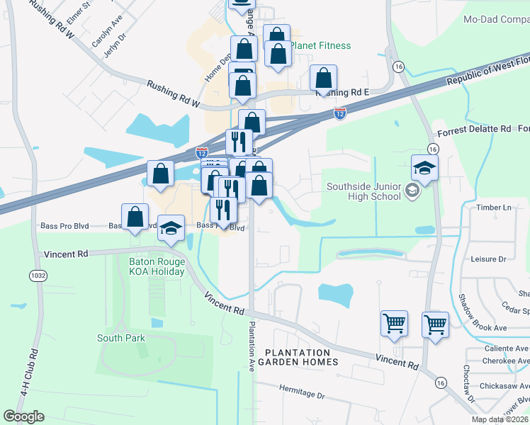 map of restaurants, bars, coffee shops, grocery stores, and more near 2 Kelli Drive in Denham Springs
