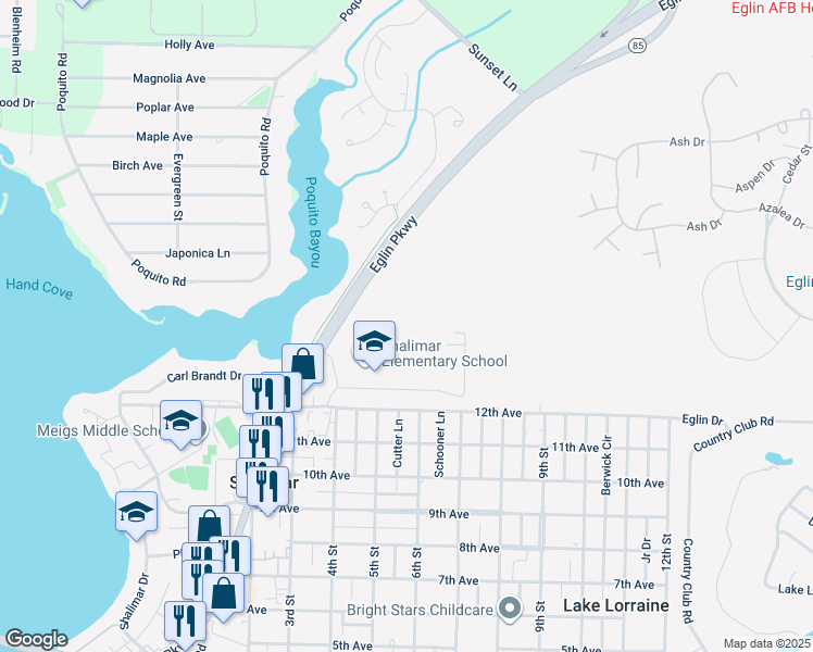 map of restaurants, bars, coffee shops, grocery stores, and more near 1350 Joe Martin Circle in Shalimar