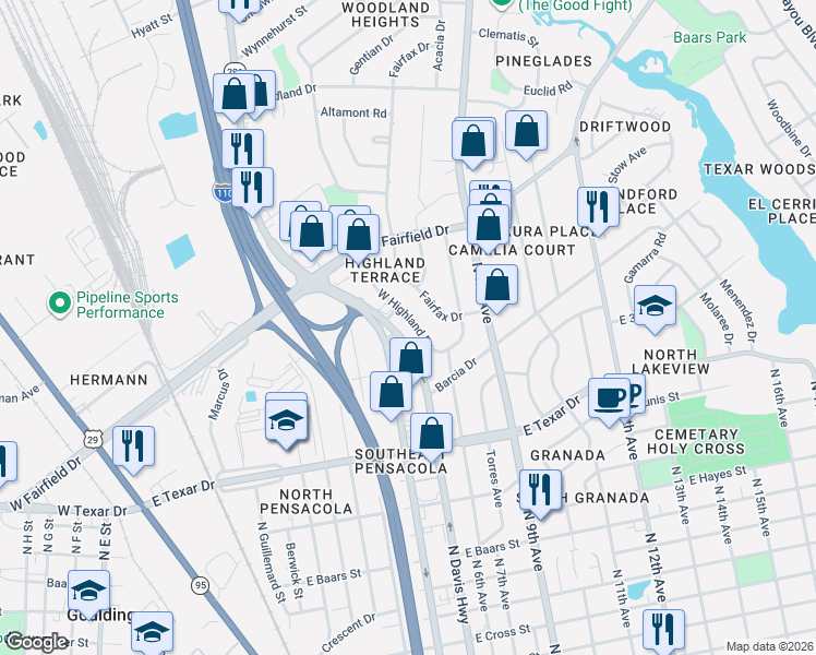 map of restaurants, bars, coffee shops, grocery stores, and more near 3800 North Davis Highway in Pensacola