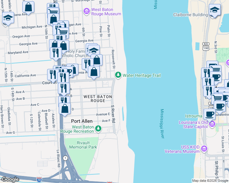 map of restaurants, bars, coffee shops, grocery stores, and more near 208 South River Road in Port Allen