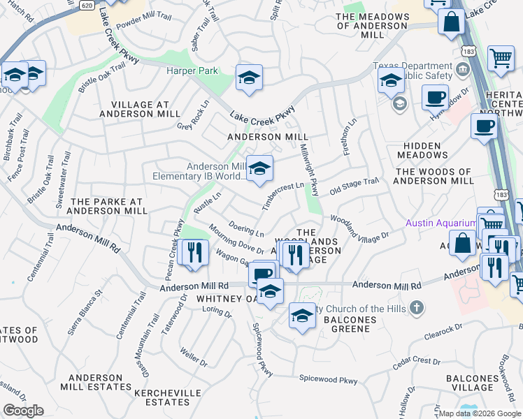 map of restaurants, bars, coffee shops, grocery stores, and more near 10500 Hard Rock Road in Austin