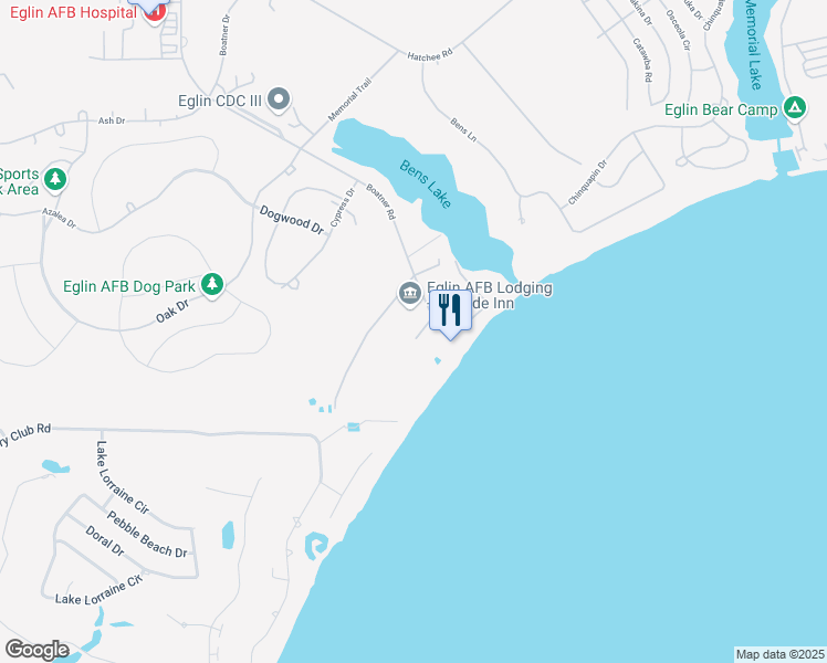 map of restaurants, bars, coffee shops, grocery stores, and more near 11003 Boatner Road in Eglin Air Force Base