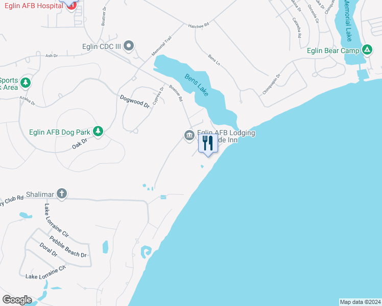 map of restaurants, bars, coffee shops, grocery stores, and more near 11003 Boatner Road in Eglin Air Force Base