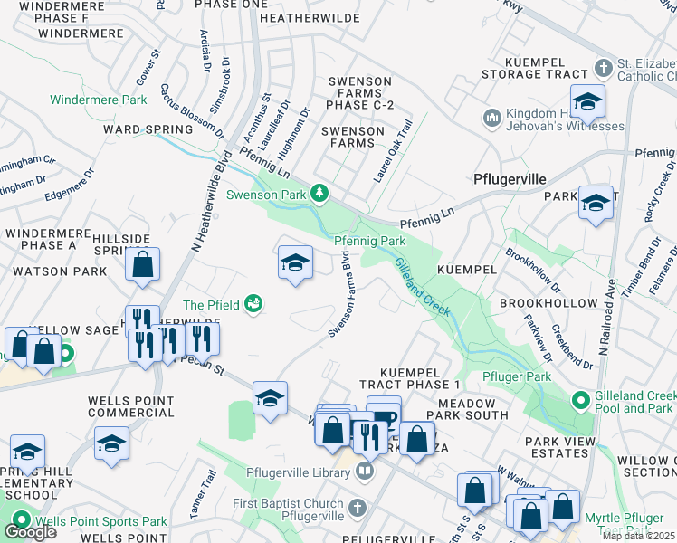 map of restaurants, bars, coffee shops, grocery stores, and more near 16711 Brogan Lane in Pflugerville