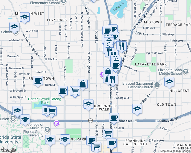map of restaurants, bars, coffee shops, grocery stores, and more near 902 North Duval Street in Tallahassee
