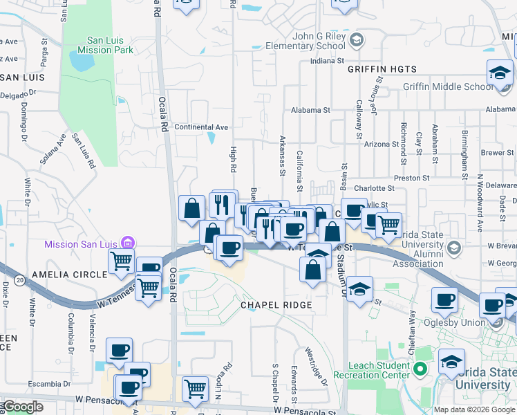map of restaurants, bars, coffee shops, grocery stores, and more near 819 Buena Vista Drive in Tallahassee