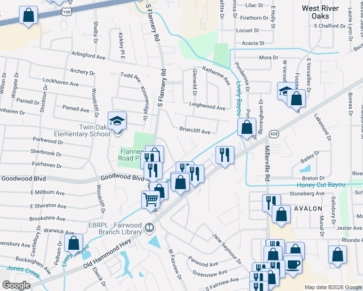 map of restaurants, bars, coffee shops, grocery stores, and more near 775 Holt Drive in Baton Rouge