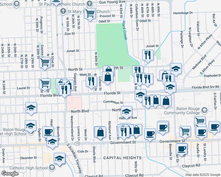 map of restaurants, bars, coffee shops, grocery stores, and more near 381 Tuscaloosa Avenue in Baton Rouge