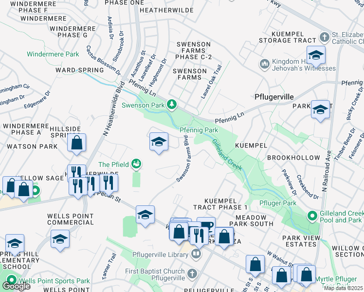 map of restaurants, bars, coffee shops, grocery stores, and more near 16711 Brogan Lane in Pflugerville